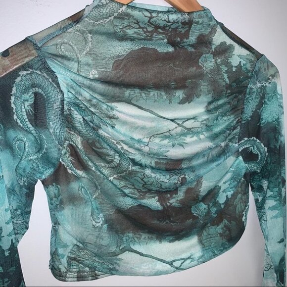 PrettyLittleThing Crop Top Size 4 Emerald Long Sleeve Chinese Dragon Mesh Ruched - Picture 4 of 8